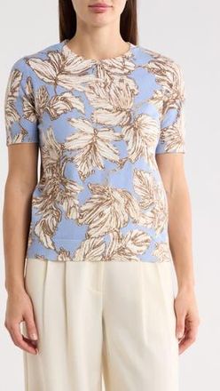 Elie Tahari Leaf Print Short Sleeve Sweater in Blue Ground W/Abstract Leaf at Nordstrom Rack, Size X-Small