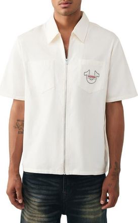 True Religion Buddha Graphic Short Sleeve Zip-Up Shirt in Winter White at Nordstrom, Size Xx-Large