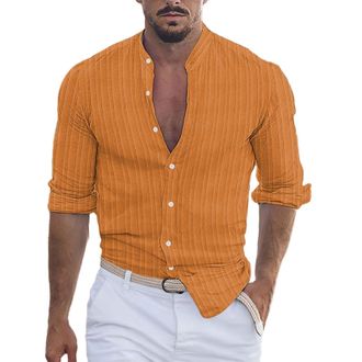 Generic Stripe Grandad Shirt for Men 2025 Cotton Linen Long Sleeve V-Neck Band Collar Hippie Yoga Muscle Fit Tee Shirts Fashionable Slim Fitted Beach Vacation