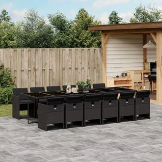 vidaXL Set Comedor De Jard&iacute;n Con Cojines 13 Pzas Rat&aacute;n Sint&eacute;tico Negro