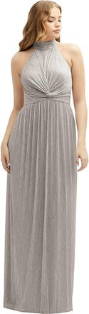 After Six Band Collar Halter Open-Back Metallic Pleated Maxi Dress