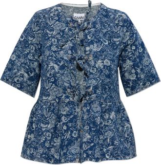 Ganni Jacquard Denim Top - Dames - Blouses - Blauw - XS - Denim - Overhemden