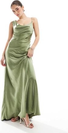 Six Stories Bridesmaid asymmetric cowl maxi dress in moss green