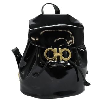 Ferragamo Gancini Flap Drawstring Backpack Patent Leather Black Patent_Leather Backpack Bag (Pre-Owned)