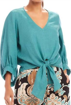 Karen Kane Bobbi Blouson Sleeve Linen Tie-Front Top In Aqua