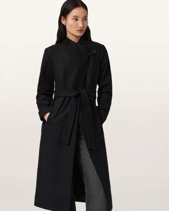 AllSaints Riley Wrap Around Belted Long Line Coat