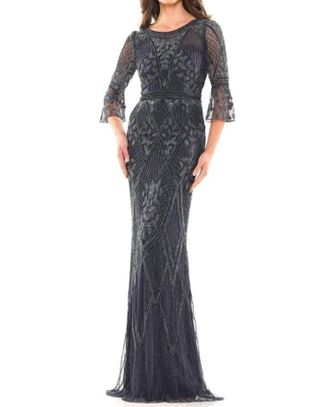 Colors Dress Beaded Mesh Gown In Navy