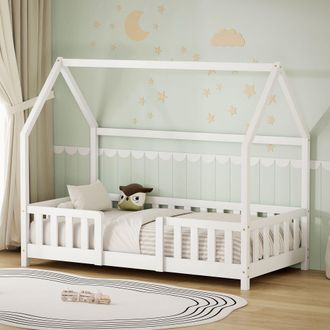 ML Design Ml-design Cama Infantil 80x160 Cm En Forma De Casa, Madera Maciza De Pino Blanca Con Protecci&oacute;n Antica&iacute;da, Techo Y Somier De L&aacute;minas, Cuna De Suelo Pa