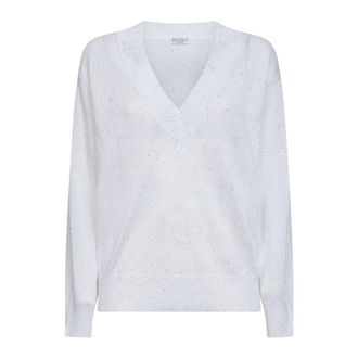 Brunello Cucinelli Brunello Cucinelli, V-neck Knitwear, female, White, Size: M Sparkling Linen Sweater