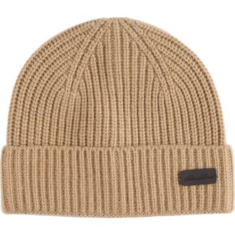 Brooks Brothers Pure Cashmere Rib Cuffed Beanie in Camel at Nordstrom