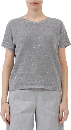 Le Tricot Perugia Pailletten Ronde Hals Korte Mouw Top - Dames - Ronde hals truien - Grijs - XS - Pailletten - Truien & Vesten