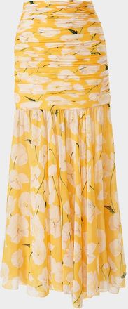 Carolina Herrera Flower Gathered Silk Midi Skirt