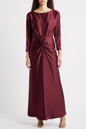 Julia Jordan Ruched Detail Long Sleeve Satin Gown in Wine at Nordstrom, Size 10