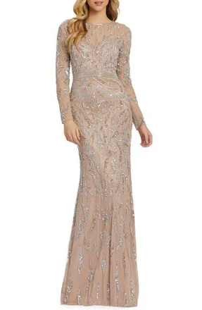 Mac Duggal Abstract Beaded Long Sleeve Evening Gown in Mocha at Nordstrom, Size 18