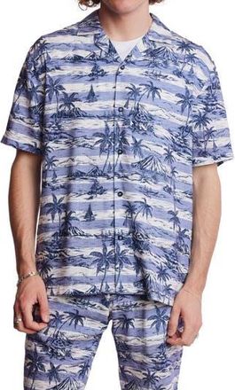 Paisley & Gray Island Print Camp Shirt in Indigo Palms Stripe at Nordstrom Rack, Size Xxx-Large