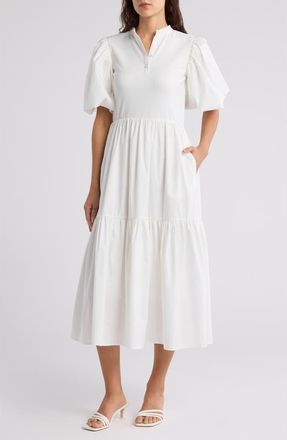 By Design Aries Puff Sleeve Mixed Media Midi Dress in White at Nordstrom Rack, Size X-Small