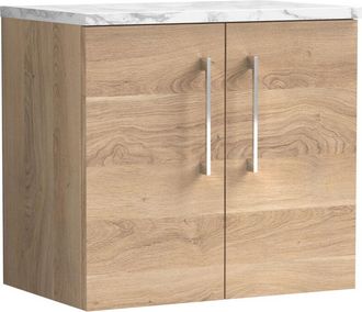 Nuie Arno Wall Hung 2-Door Vanity Unit with Carrera Marble Worktop 600mm Wide - Bleached Oak - Nuie