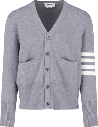 Thom Browne V-Neck Grey Cardigan Sweater with Button-Down Front and Signature Stripes
