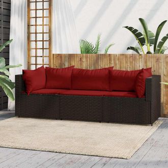 vidaXL Set Muebles De Jard&iacute;n 3 Piezas Y Cojines Rat&aacute;n Sint&eacute;tico Marr&oacute;n Vidaxl