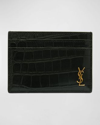 Saint Laurent Mens YSL Monogram Croc-Embossed Card Case