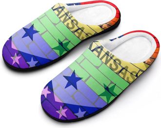Generic LGBT Rainbow with Arkansas Flag Cotton Womens Slip-on Slippers Winter Warm House Shoes with Rubber Sole for Home Office Hotel