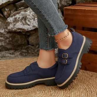 Generic Blue Female Casual Loafers with Frosted Round Toe and Block Heel for Comfort Thick Sole Construction Mid Heel Design Leisure Activities