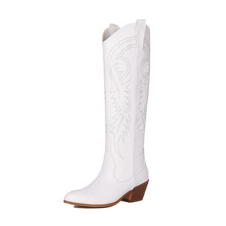 Generic Womens Over-The-Knee Cowboy Boots Decorative Embroidery Pointed Toe Block Heels Textured Upper Soft Lining Cushioned Insole Durable Outsole,White,6.5 