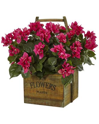 Nearly Natural Bougainvillea Flowering Plant In Rustic Wood Planter