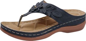 Generic Women Comfy Sandals Vegan Leather Beach Flip Flops for Women Flower Decoration Slippers With Arch Support Soft Breathable Insole Wedge Sandal (Blue, 6