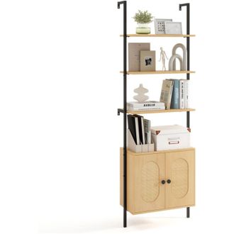 Costway 184CM Wall Mount Ladder Bookshelf Bookcase w/Rattan Cabinet-Natural