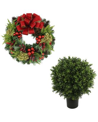 Creative Displays Inc. 26In Traditional Christmas Holiday Wreath & Uv-Rated Boxwood Topiary