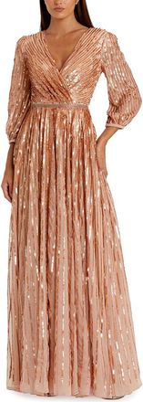 Mac Duggal Sequined Wrap Over 3/4 Sleeve Gown
