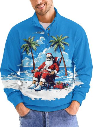 Generic Christmas Sweatshirts for Men Fashion Xmas Graphic Print Long Sleeve Sweatshirt Stand Collar Button Slim Pullover Tops