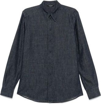 Dolce & Gabbana Denim Logo Patch Shirt - Heren - Casual Overhemden - Blauw - M - Denim - Overhemden