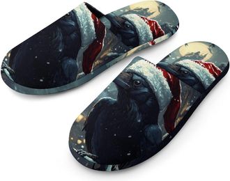 Generic Raven in Santas Hat Moon Mens Slippers Flannel Warm House Shoes with Rubber Anti-Slip Sole Slip On for Home Outdoor