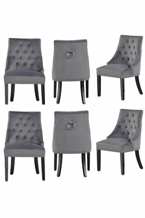 Life Interiors Set of 6 Windsor Knocker Back Velvet Dining Chairs Solid Wood Legs in Dark Grey