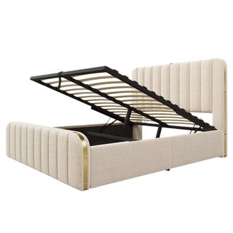 Urban Meuble Cama canap&eacute; doble de lino beige con cabecero y puertos usb, 140x190 cm