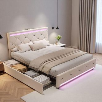 OEM Cama 160x200 Cm - 250402hxf - Usb - Led - Terciopelo - Cama Doble - Marco De Cama Para Adultos 160x200 Cm - Beige