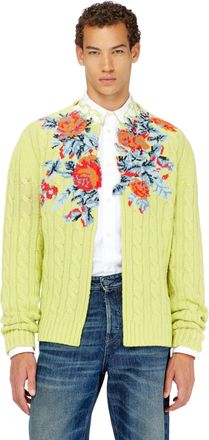 Diesel Open-front cardigan in floral cable knit - Knitwear - Man - Green