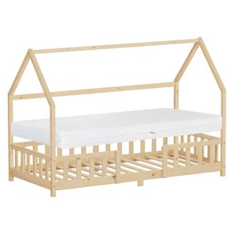 ML Design Ml-design Cama Infantil 90x200cm Natural, Con Colch&oacute;n Al:16cm, Protecci&oacute;n Antica&iacute;da, Techo Y Somier, Listones De Madera De Maciza De Pino Lecho Montes