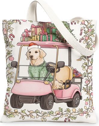 Generic Christmas Dog Canvas Tote Bags, Holiday Animal Design Reusable Grocery Bags, Vintage Floral Lightweight Washable Shoulder S, White, 13x15 Inch