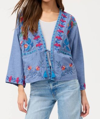 Johnny Was Elizabeth Front Tie Patchwork Kimono In Light Denim Blue