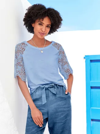 Heine Spitzenshirt HEINE Shirt, Damen, Gr. 34, eisblau, 100% Baumwolle, unifarben, Rundhals, Shirts Spitzenshirt