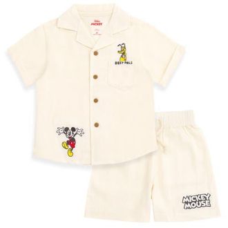 Disney Mickey Mouse & Friends Button-Down T-Shirt & Shorts Set in Beige at Nordstrom, Size 18M
