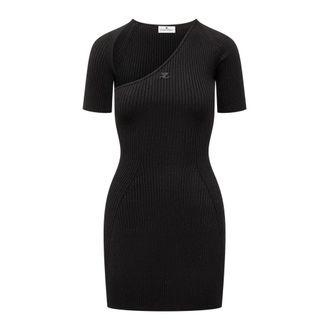 Courr&egrave;ges Cut-out Ribgebreide Midi Jurk - Dames - Kleedjes - Zwart - M - Polyester - Kleedjes