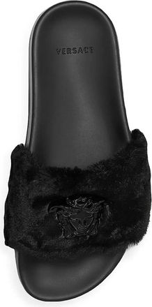 Versace Black Faux Fur Medusa Slides Size 37