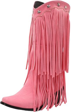 Generic Pink Womens Ankle Boots with Tassel and Chunky Heel, Western Inspired Design for Fashionable Looks