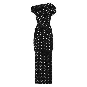 Self Portrait Maxi Dresses, female, Black, Size: XS Polka Dot Draped Knit Midi Dress