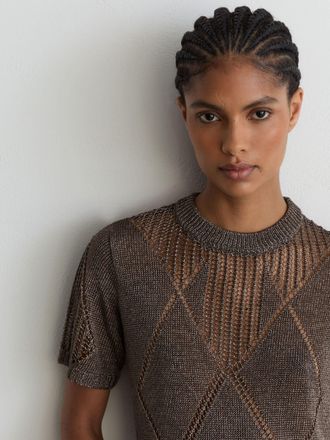 Reiss Gunmetal Grey Metallic Argyle Open-knit Top, XL