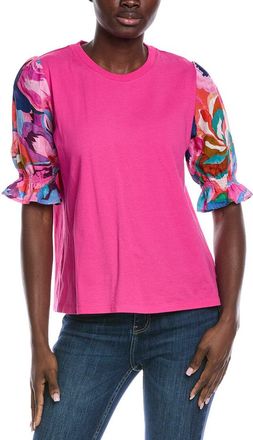 Johnny Was Mixed Media Smocked Sleeve Linen-Blend T-Shirt